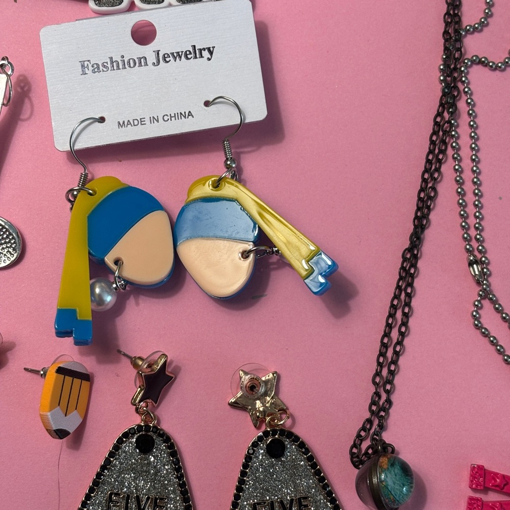 Fun Pierced Earring Lot of 15 and 2 Necklaces Statement Unique Artsy Teacher - Picture 8 of 12